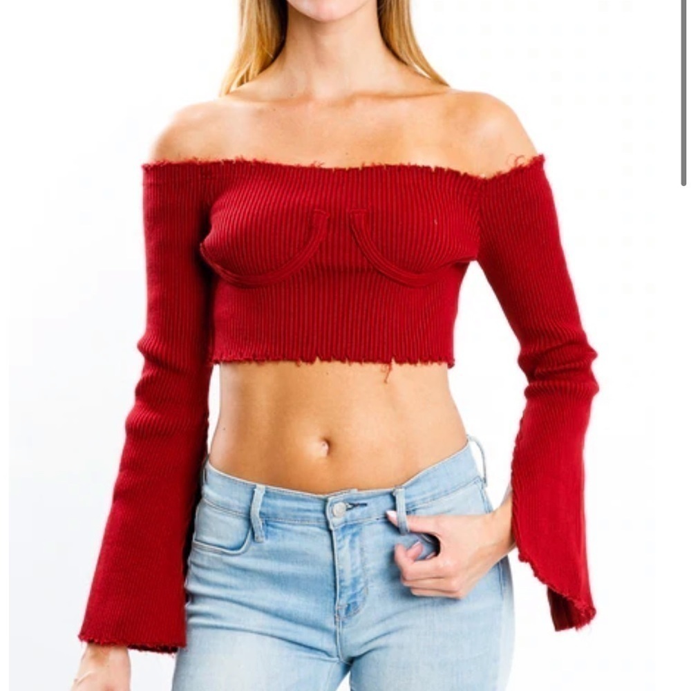 Unbranded Off Shoulder Ribbed Corset‎ Crop Top Small Red Bell Sleeve Distressed